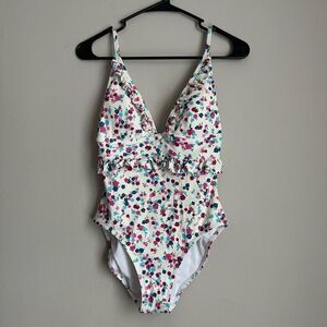 J Crew Ruffle V-neck One-Piece Swimsuit in Little Bloom White Pink Floral size 6